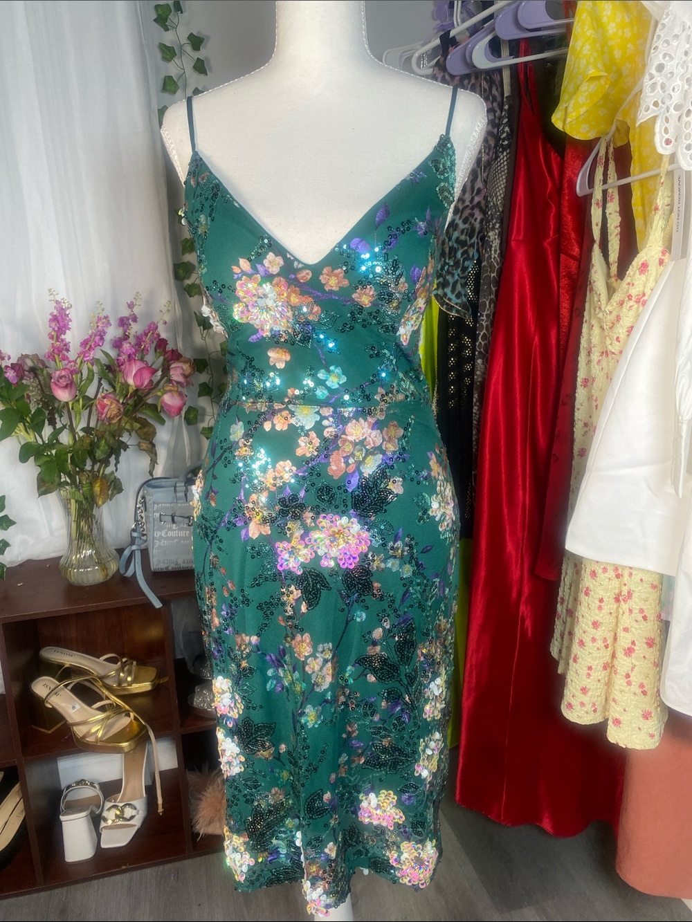 Emerald Green Floral Sequin Slip Midi Dress